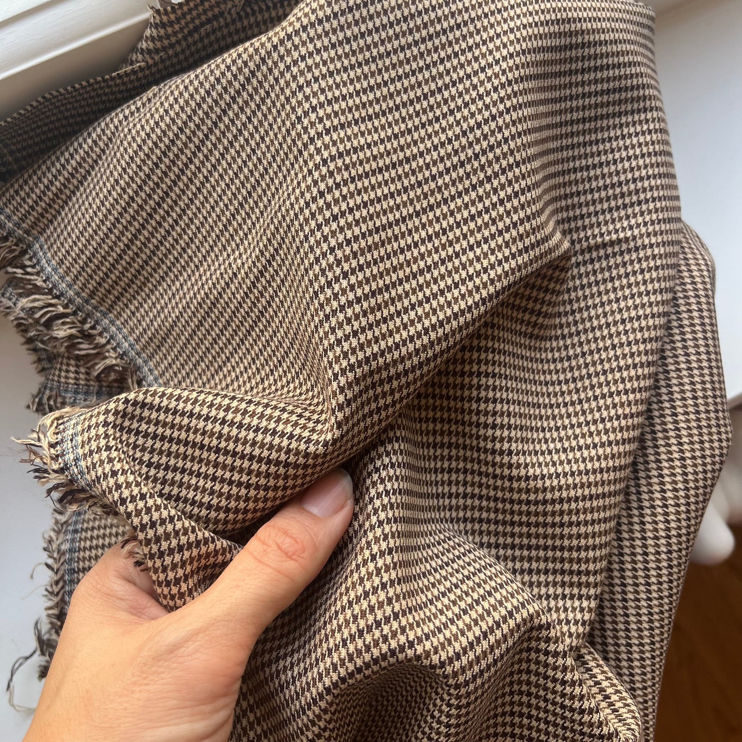 Brown puppytooth stretch wool