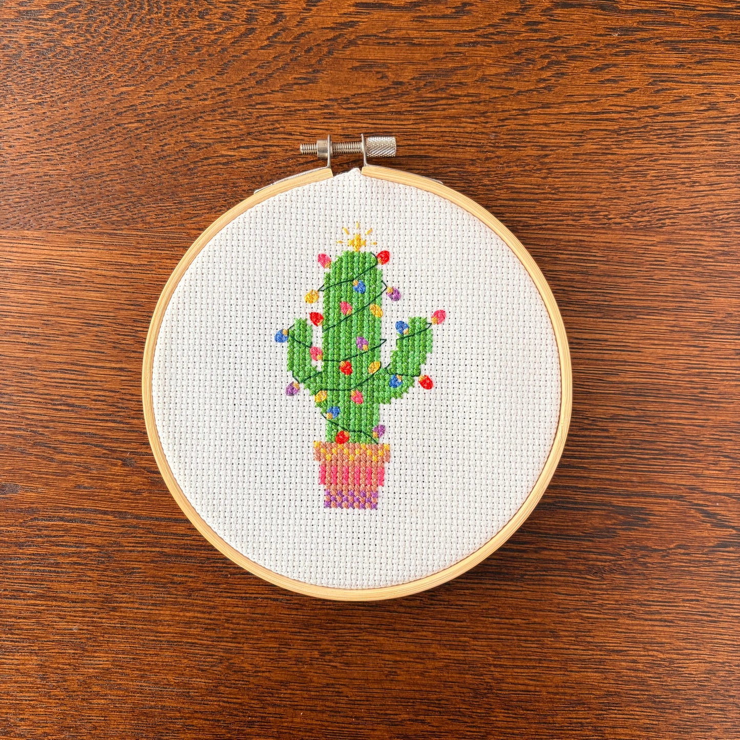 Christmas Cactus Cross Stitch PDF Pattern | Festive Fairy Lights Design
