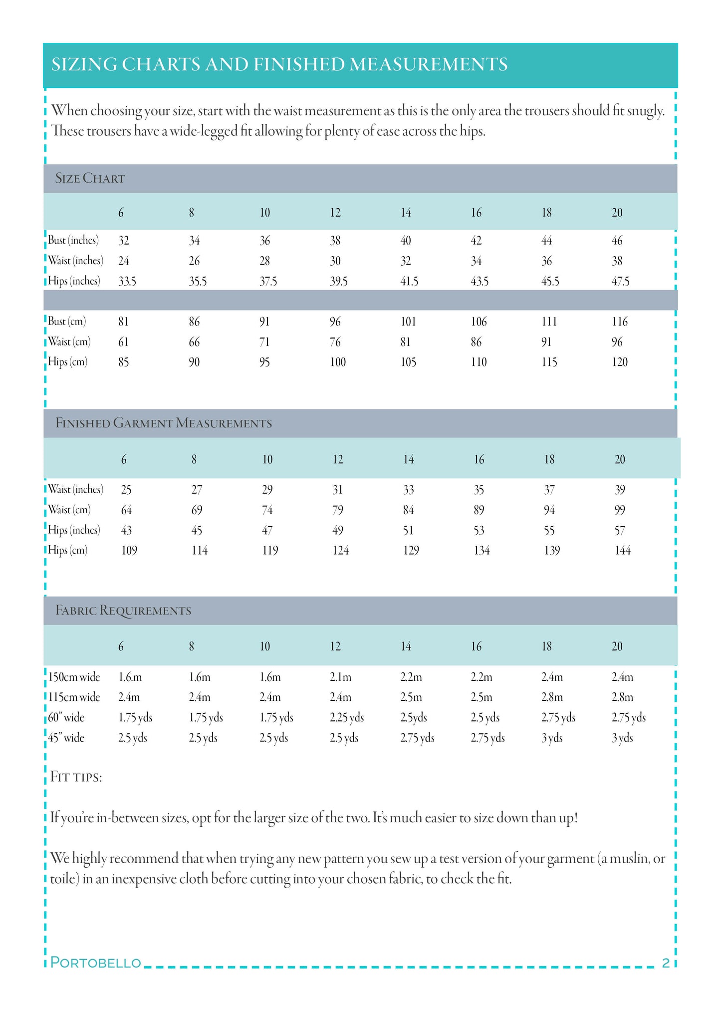 Portobello Trouser measurements