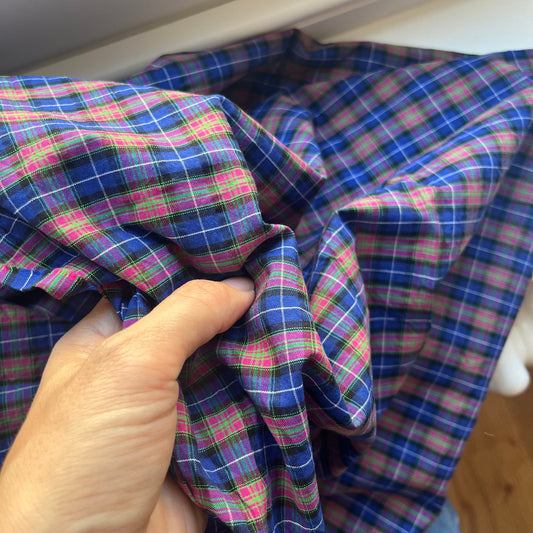 Remnant of plaid cotton in blue, pink and green.