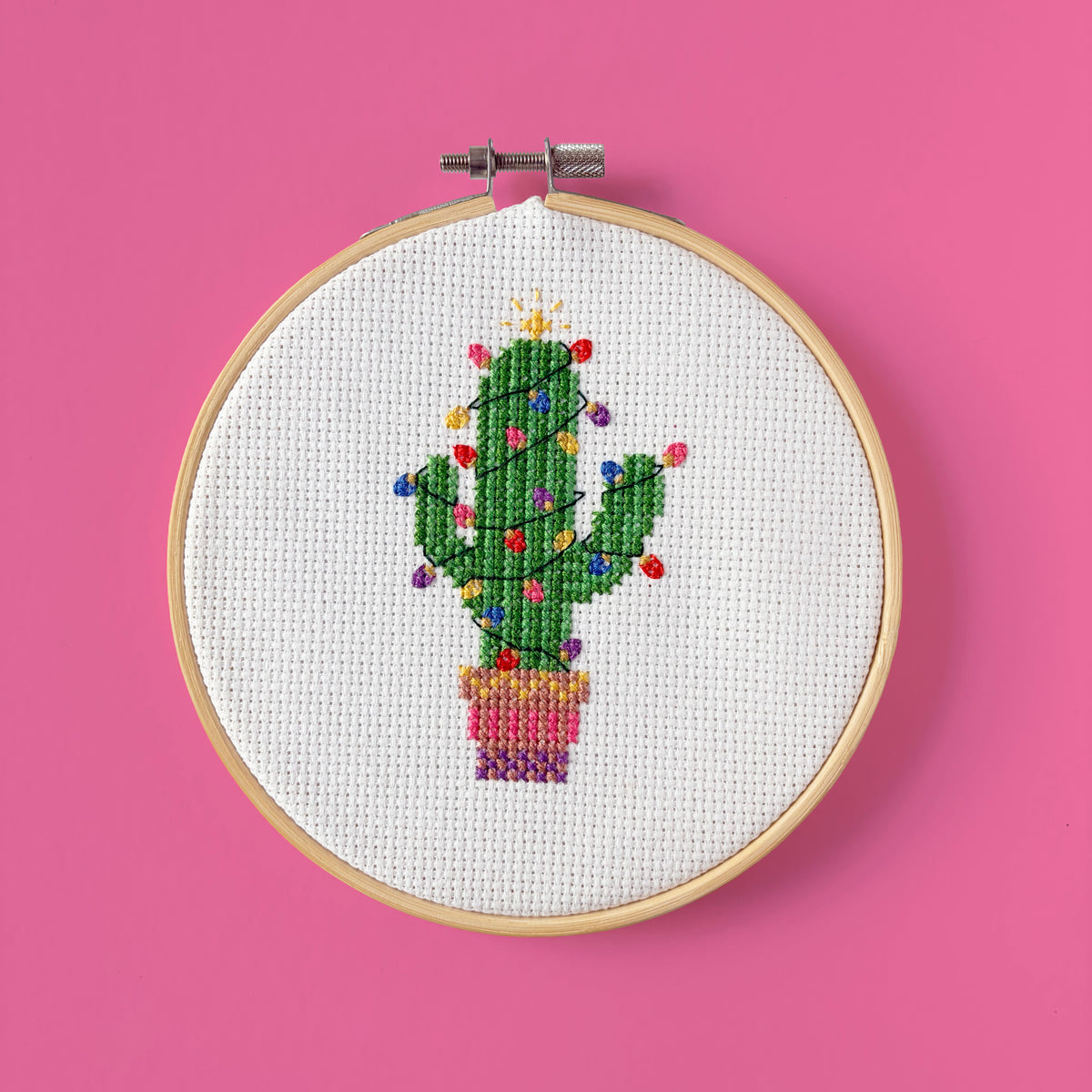 Christmas Cactus Cross Stitch PDF Pattern | Festive Fairy Lights Design