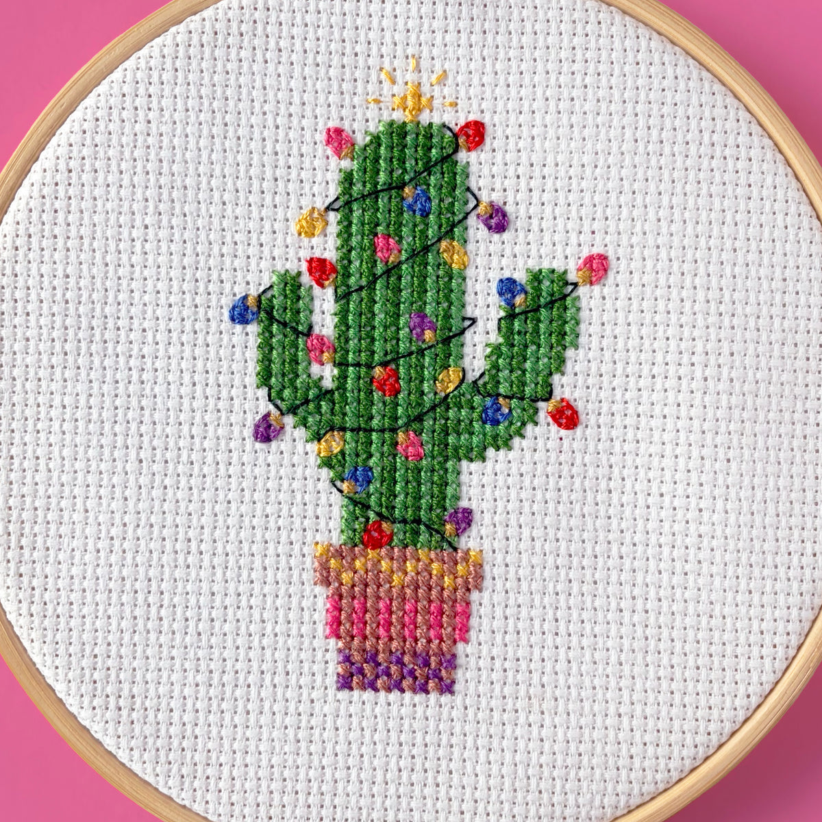 Christmas Cactus Cross Stitch PDF Pattern | Festive Fairy Lights Design