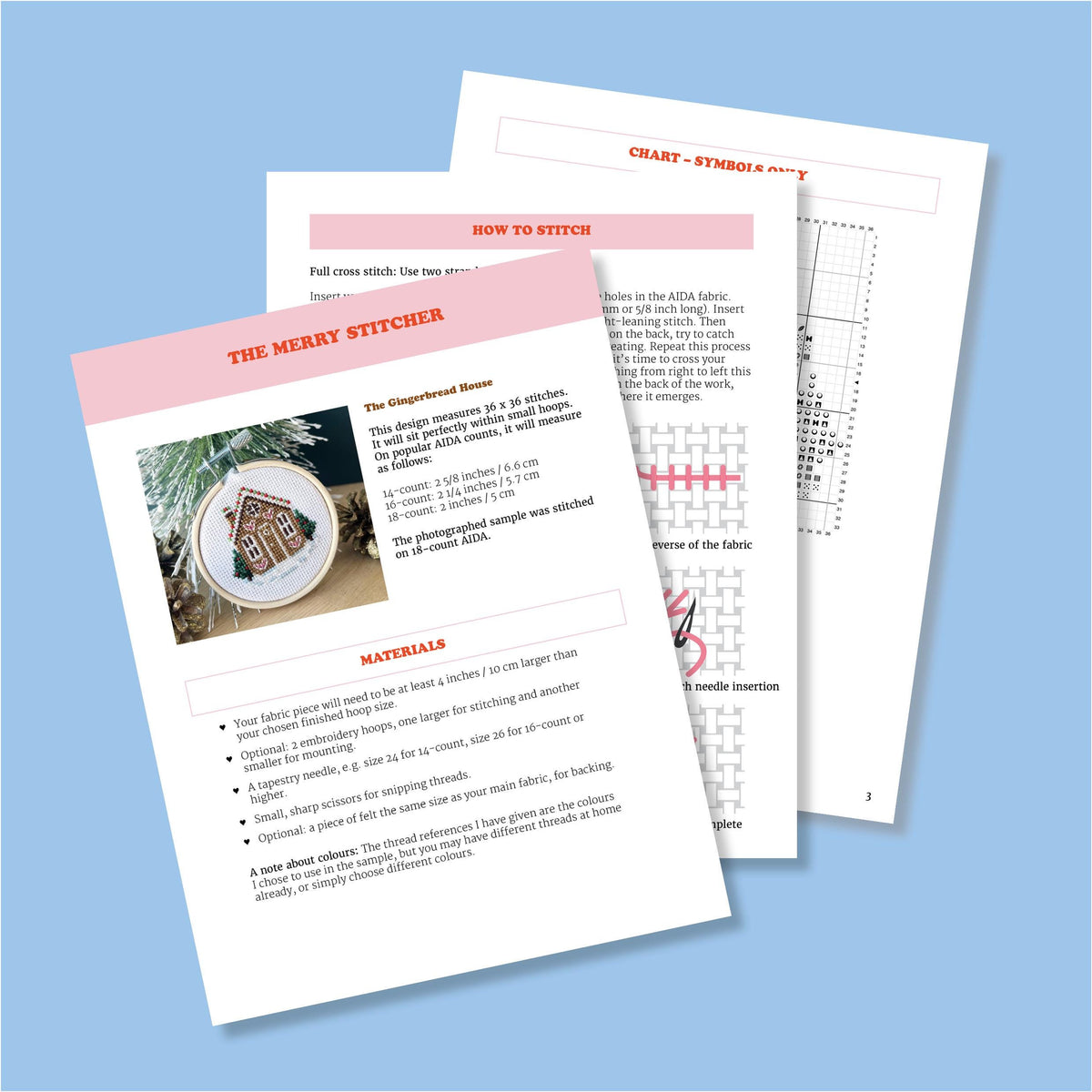 Pages from the Gingerbread House PDF pattern: introduction, materials, how to stitch and symbol chart
