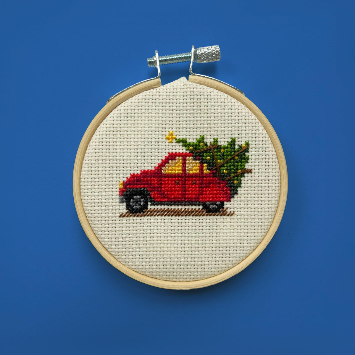 Red Vintage Car with Christmas Tree cross stitch pattern – image 1 of 9